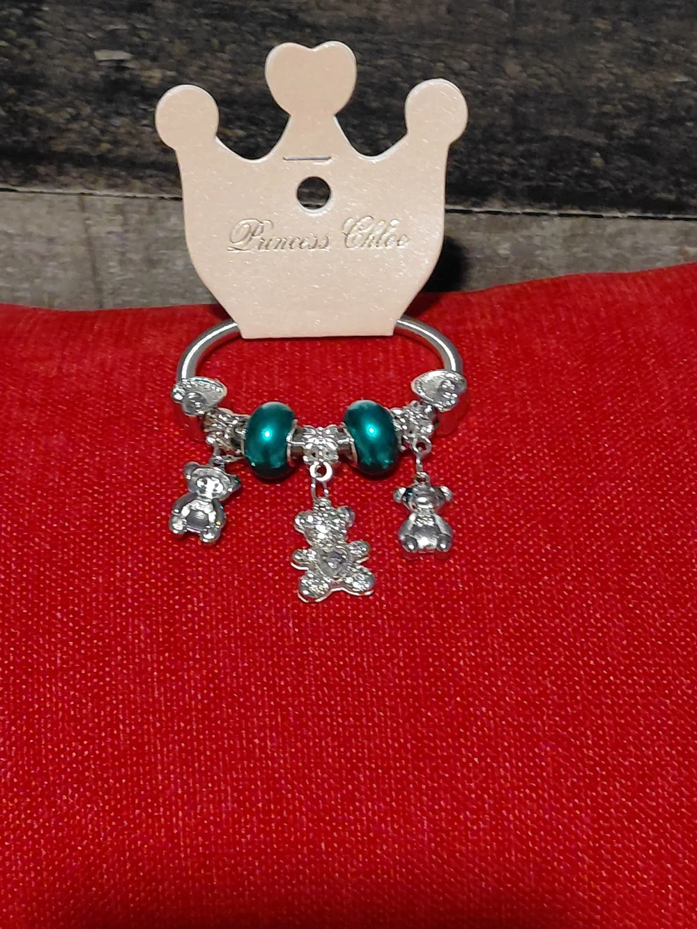 Silver Teddy Charm Bracelet with Teal Beads